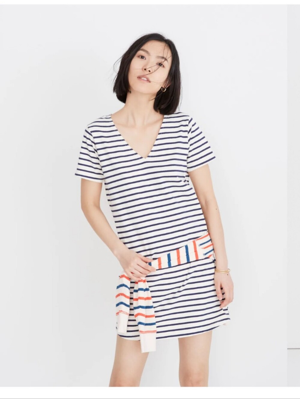 Madewell Navy and White Striped V-Neck T-Shirt Dress